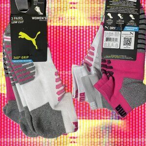 Puma Logo Pink-White-Gray 360 Grip Light Compression Below Ankle Socks9-11-3-pk